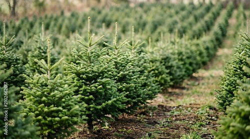 Rows of young evergreen fir trees growing in a commercial christmas tree farm plantation during the late autumn season