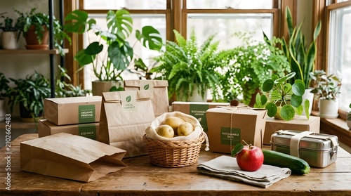 Eco friendly grocery delivery service with organic produce in brown paper bags and sustainable packaging on a wooden table