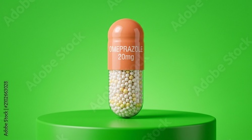 Omeprazole capsule on a pedestal. Medical pill for acid reflux treatment on green background.