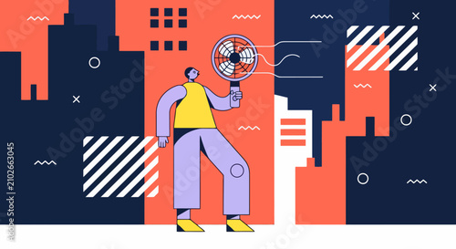 Person holding a portable electric cooling fan in a modern city landscape