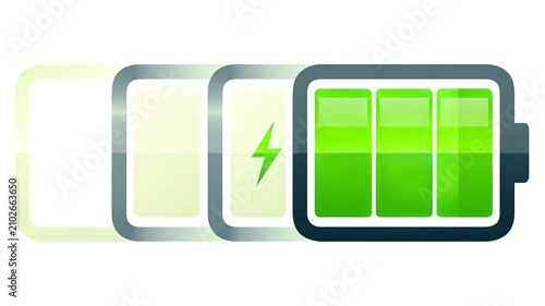 Glossy green battery icon representing full power charge level with a bright white isolated background
