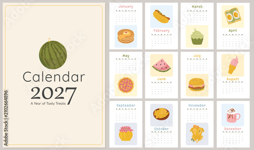 Minimalist food themed wall calendar for 2027 featuring delicious hand drawn food illustrations for every month.