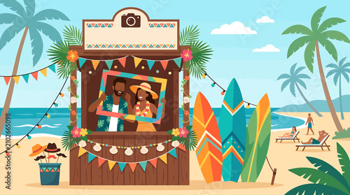Happy couple taking a photo at a tropical beach photo booth stand.