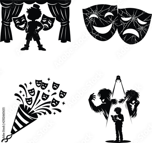 Young Performer Mask Silhouettes with Theater Inspired Graphics for Educational and Creative Design Projects.