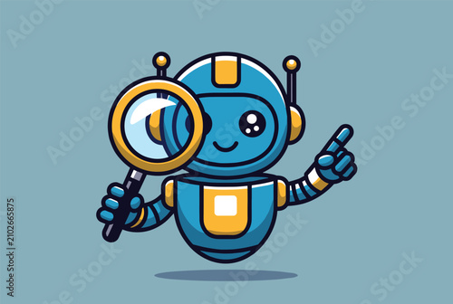 Cute friendly blue robot holding a magnifying glass and pointing up symbolizes search and discovery in technology.