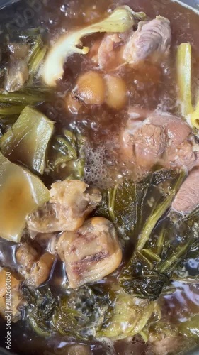 Taiwanese traditional food pork knuckle. Stewed leg pork with sweet gravy sauce style chinese food served with steamed ric, Clean food good taste idea concept.