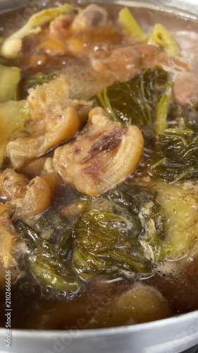Taiwanese traditional food pork knuckle. Stewed leg pork with sweet gravy sauce style chinese food served with steamed ric, Clean food good taste idea concept.