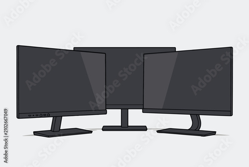 Triple computer monitor setup for professional workspace, gaming, or multitasking arranged in a panoramic view.