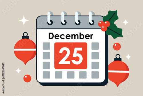 Christmas calendar page for December twenty-fifth is decorated with festive red ornaments, holly leaves, and winter stars.