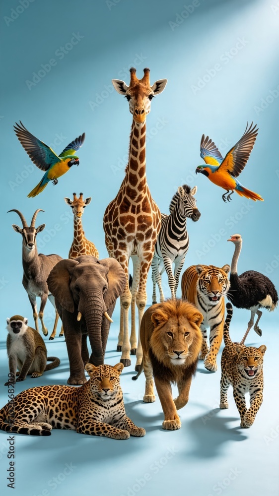 Obraz premium Elephant Giraffe Lion Leopard and Tropical Birds on Clean Light Blue Background