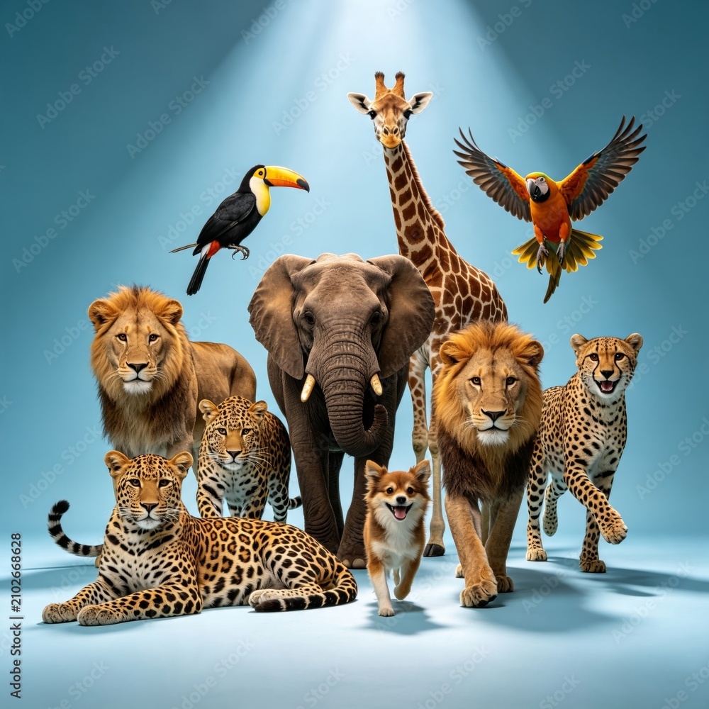 Obraz premium African Big Five Wildlife Elephant Giraffe Lion Leopard and Tropical Birds on Spotlight Blue Background