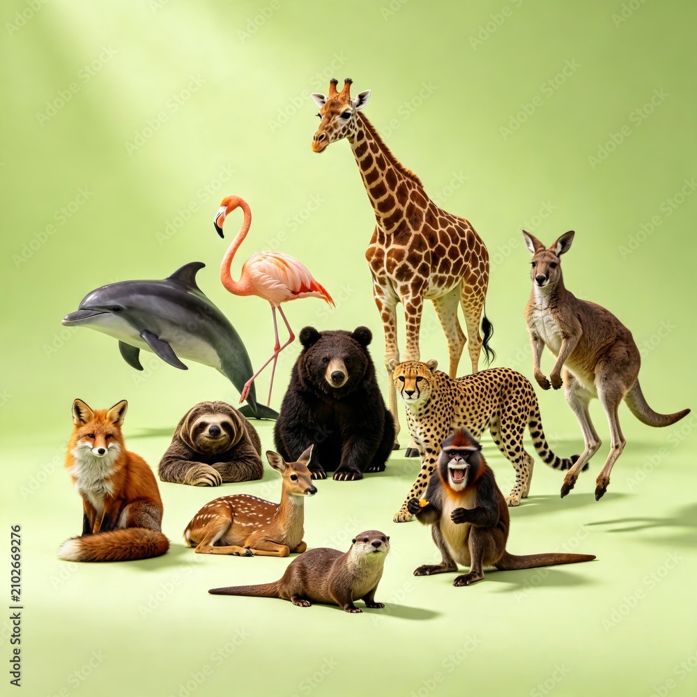 Obraz premium Diverse Global Wildlife Collection Deer Giraffe Bear Red Panda Flamingo and Birds on Green Background