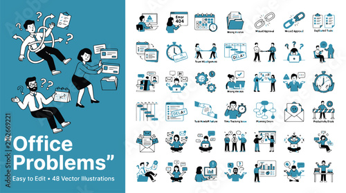 Office Problems vector illustration set, 48 business icons for workplace stress and corporate challenges, professional blue and white flat design