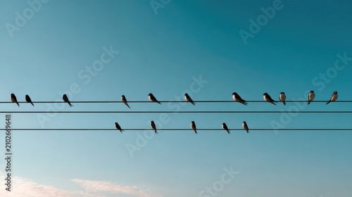 Birds on a Wire: A flock of small birds perched on power lines against a clear blue sky, conveying a sense of tranquility and connection.