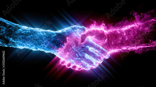 Vibrant hands meet in glowing energy, blue and pink hues clash