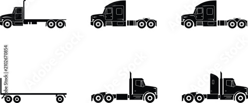 Tableau sur toile Semi Truck Silhouette Collection with Tractor Trailer Cab and Flatbed Vector Set