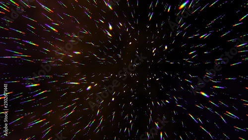 Foto Prismatic light streaks on black background, rainbow starburst motion effect, co