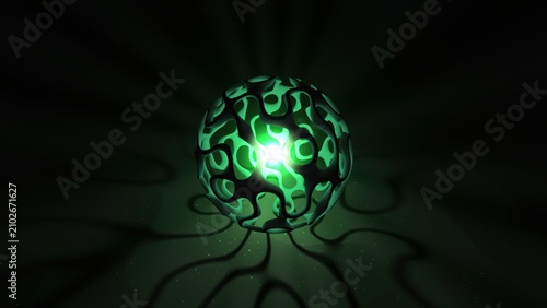 Konstfotografi Glowing green energy sphere with organic lattice structure, futuristic sci-fi po