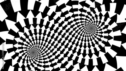 Hypnotic optical illusion background, black and white arrow spiral pattern, psychedelic abstract vector art