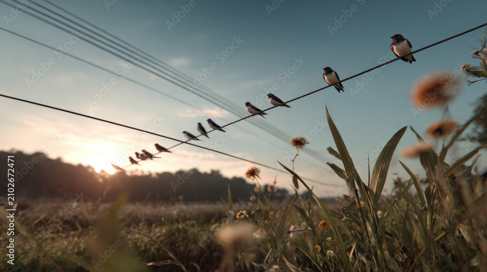 Obraz premium Swallows Perched on Wire at Dawn: A flock of swallows rests on a power line, silhouetted against a soft dawn sky, with the first light of day illuminating the surrounding grassy field and wildflowers.