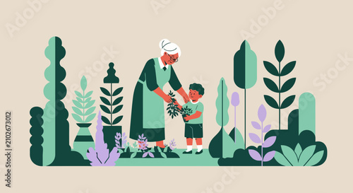 Grandmother teaching grandson to plant in garden, vector of family hobby.