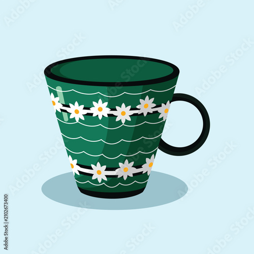 Glass Mug Cup Ceramic Floral Lines Pattern Shiny Cartoon Stylized Vector Isolated