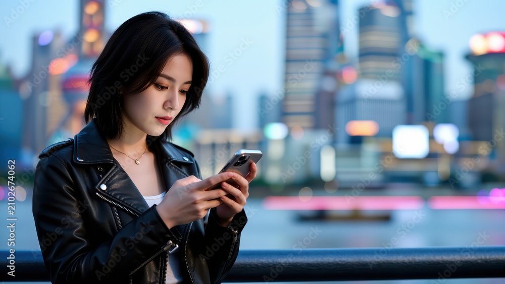 Fototapeta premium Urban Connection: A young woman engrossed in her smartphone against a backdrop of illuminated city skyline and river, embodying modern connectivity and urban lifestyle.