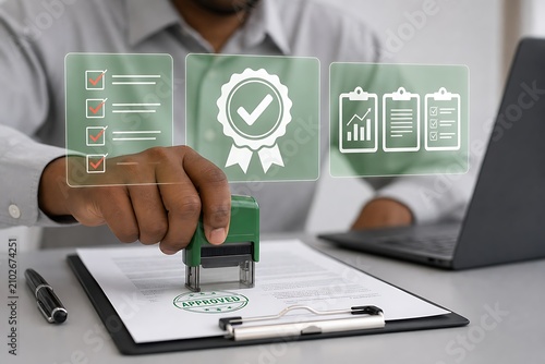 Businessman stamping document with official seal and digital approval icons