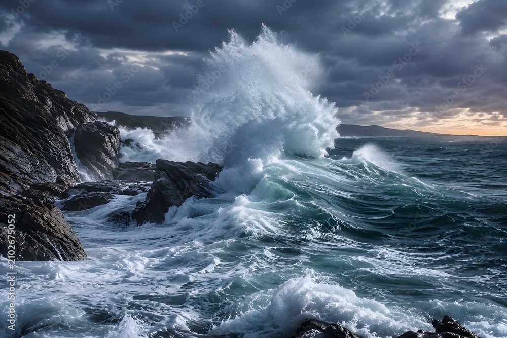 Obraz premium Powerful Storm Waves Crashing Against a Rocky Coast Under Dramatic Skies