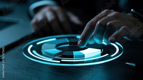 A hand interacts with a glowing, circular interface on a dark surface, showcasing a modern technology concept.