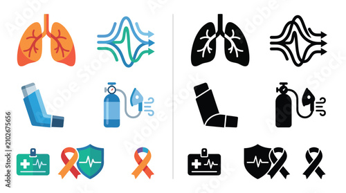 Foto Set of icons representing respiratory health, asthma, and medical care, including lungs, inhaler, oxygen tank, and awareness ribbons