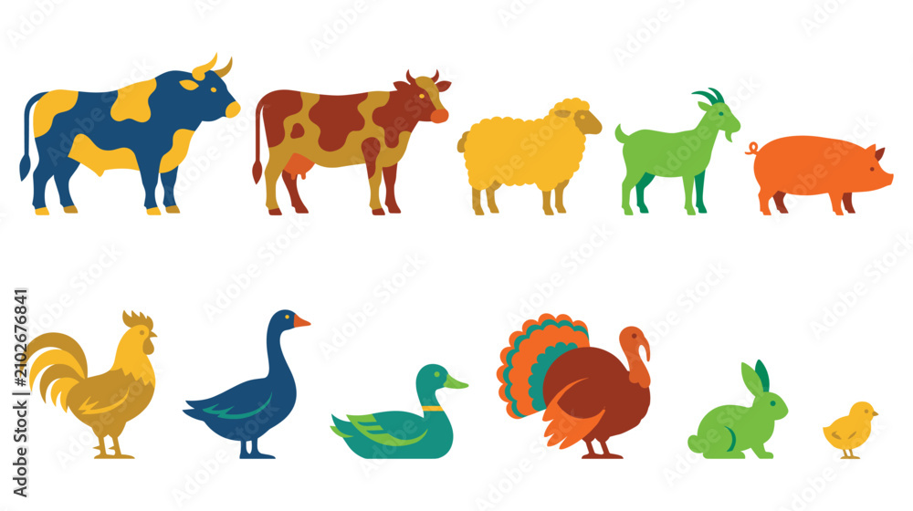 Obraz premium Farm animals vector flat icons set, cattle and poultry illustrations for agriculture.