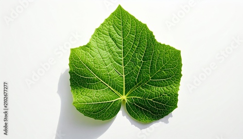 Single green leaf with heart-like shape and detailed veins on white background, bright lighting emphasizing texture, symmetry, and natural botanical freshness.