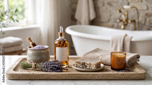A wooden tray holds lavender bath salts, essential oil, handmade soap, and a candle in a rustic, spa-like bathroom setting with a clawfoot tub.