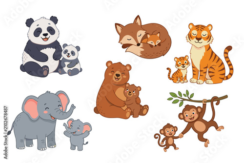 Photography Animal mothers vector illustration set featuring cute baby panda, elephant, bear, fox, tiger, and monkey family characters