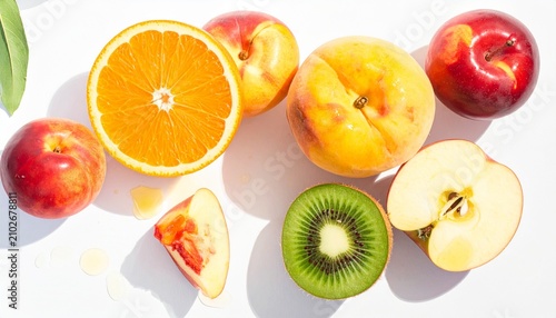 Assorted fresh fruits including nectarines, apricots, and sliced kiwis on white background, vivid colors and textures emphasizing natural freshness and visual harmony.