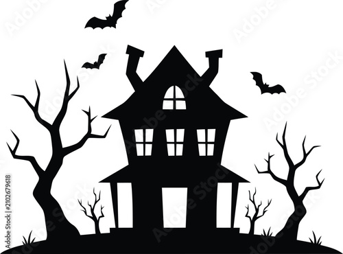Spooky silhouette haunted house with bats and bare trees for halloween