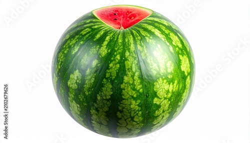 Whole watermelon with horizontal slice revealing red flesh, green striped rind on white background, vivid contrast highlighting freshness and natural texture.