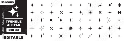 Foto Minimalist decorative design shine sparkle and starburst line icon set with thin black, bling stars sparkles signs