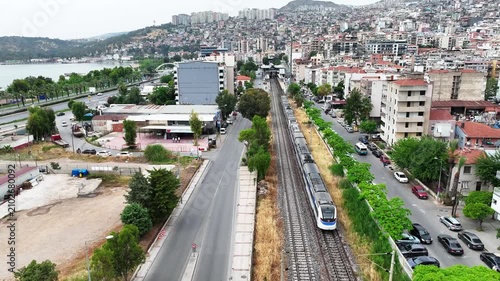 İzmir İZBAN Commuter Train Passing Through the City | 4K Aerial Drone Footage | Urban Railway Turkey