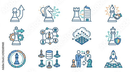 Chess Icons Representing Business Strategy and Planning Concepts.