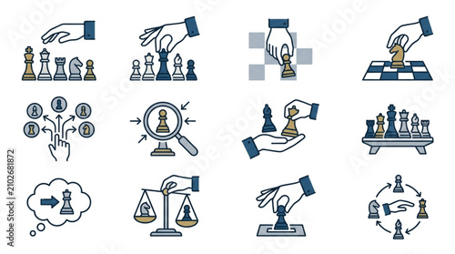 Tableau sur toile Chess game strategy and decision making icons set.