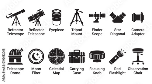 Canvastavla Astronomy equipment icon set, 14 telescope accessories and stargazing tools vect