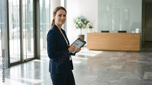Confident Professional Businesswoman Holding Tablet Standing in Bright Modern Office Lobby Reception
