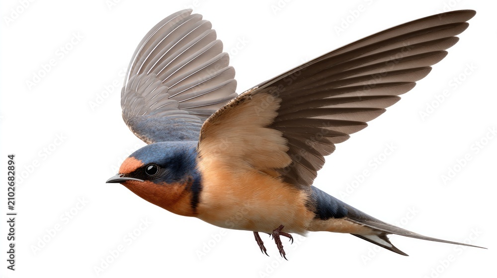 Fototapeta premium Barn Swallow in Flight: A Barn Swallow with its distinctive forked tail and reddish-brown underparts soars through the air, wings outstretched in graceful flight against a white backdrop.