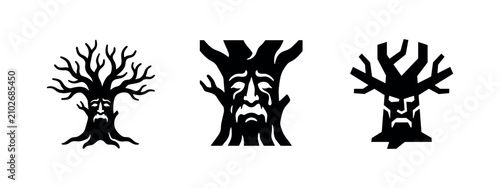 Obraz na plátne Black and white icons of stylized, anthropomorphic trees
