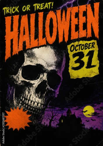 Spooky Halloween Event Flyer with Vintage Skull Artwork. Banner, flyer, promotion layout. Room for copy space.