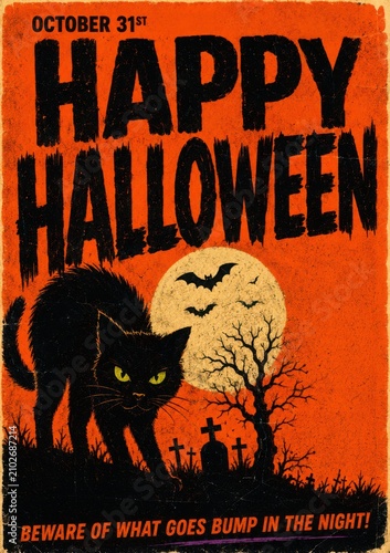 Classic Halloween Poster Featuring Black Cat and Graveyard. Banner, flyer, promotion layout. Room for copy space.