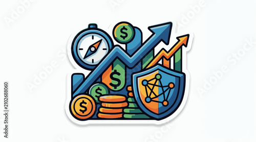 Upward financial trends with security compass and coins