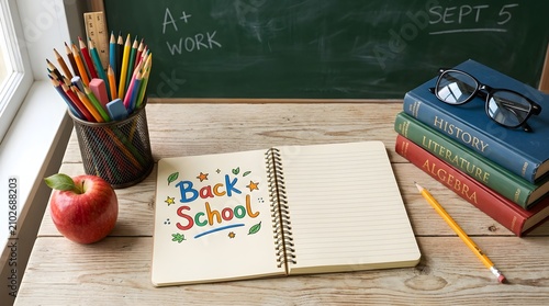 Back to school supplies still life books stationery and apple on a wooden desk